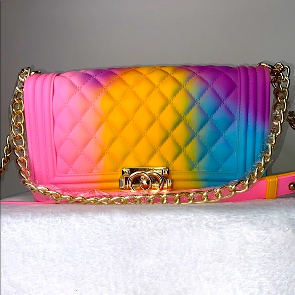 Pink and Yellow Quilted Jelly Bag with Chain Strap - Picture 1 of 9